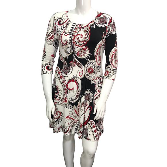 Chicos Womens Size 1 US 8 Shift Dress Stretch Paisley Knit Swing 3/4 Sleeves - Picture 1 of 15